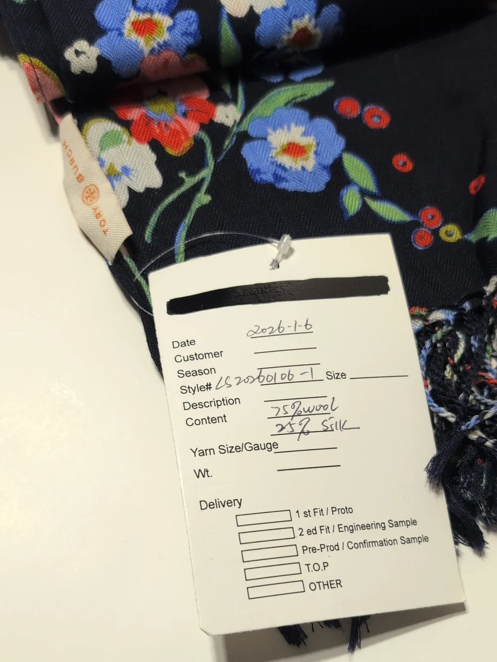 Tory Burch Navy Floral Oversized Scarf with Fringe